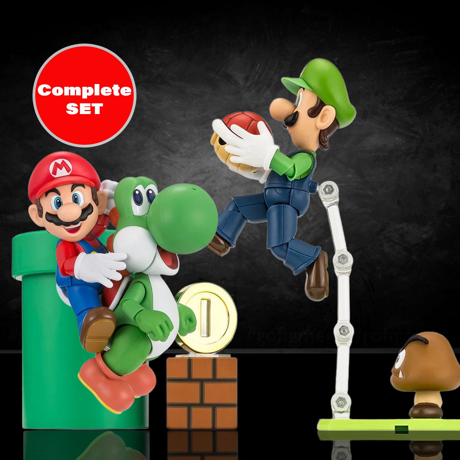 Super Mario Bros S.H.Figuarts Complete 3 Action Figures and Playset by Bandai Tamashii Nations featuring Mario, Luigi, and Yoshi by SH Figuarts