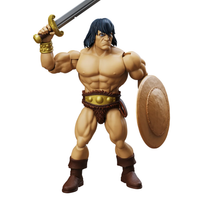 Muscular barbarian figure holding a sword and round wooden shield