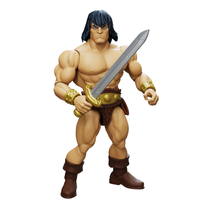 Muscular warrior action figure with black hair, gold wristbands, fur loincloth, and a large sword
