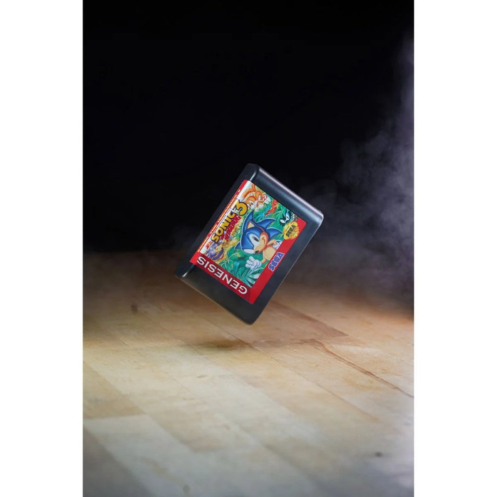 Console Heroes Sega Genesis Sonic the Hedgehog 3 Cartridge Diorama Playset (Copy) floating above wooden surface with mist backdrop