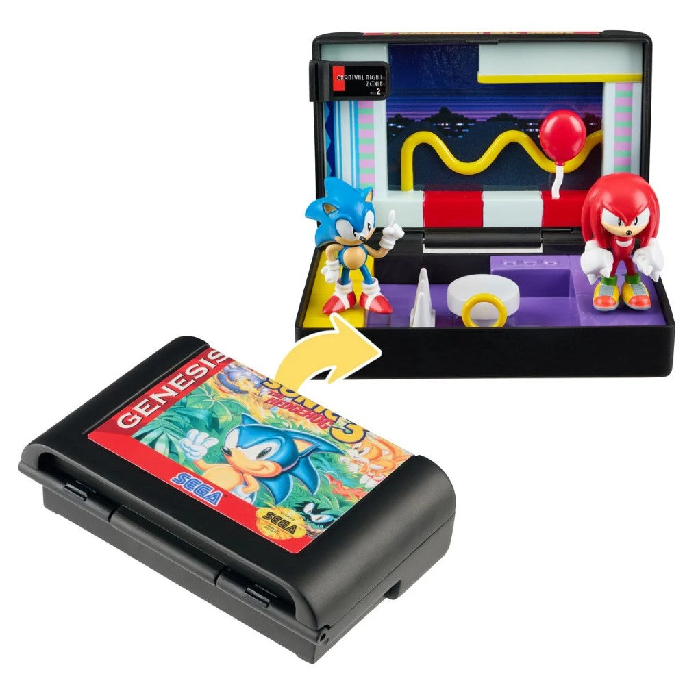 Console Heroes Sega Genesis Sonic the Hedgehog 3 Cartridge Diorama Playset (Copy) with Sonic and Knuckles figures displayed inside cartridge case.