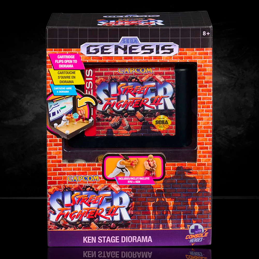 Console Heroes Sega Genesis Genesis Street Fighter II Cartridge Diorama Playset with Ken stage collectible display and figures.