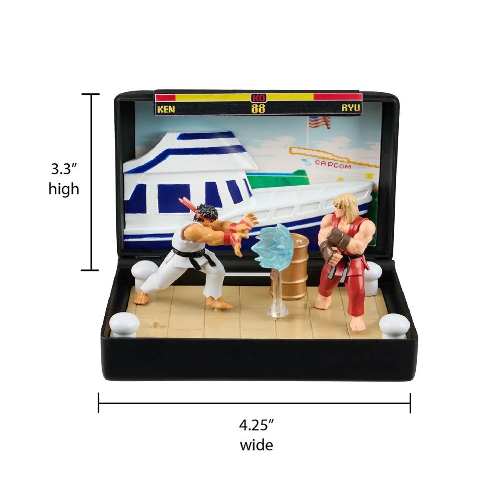Console Heroes Sega Genesis Genesis Street Fighter II Cartridge Diorama Playset featuring Ryu and Ken duel in a battle scene.