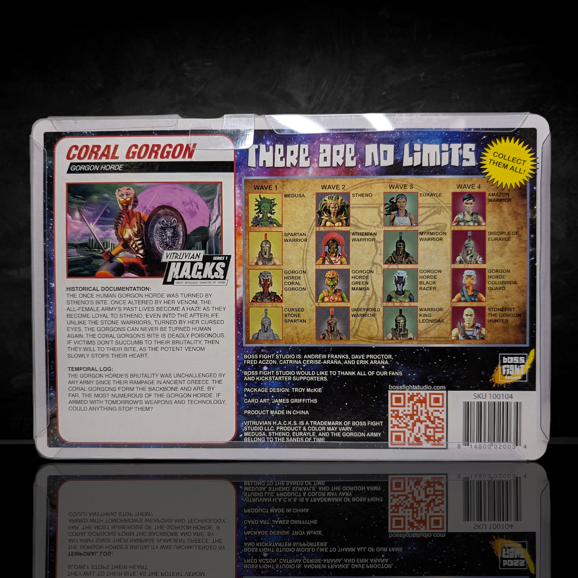 Back packaging for "Coral Snake Gorgon Vitruvian H.A.C.K.S. Series 1 Boss Fight Studio 4" Figure showcasing character bio and series lineup by Boss Fight Studio Llc