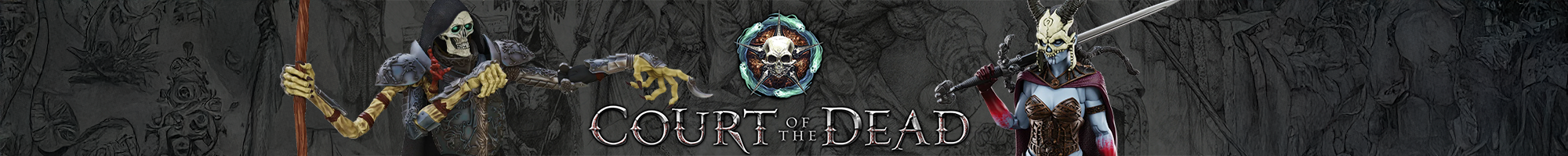 Dark fantasy scene with skeletal warriors and ethereal figures behind ornate “Court of the Dead” logo text.