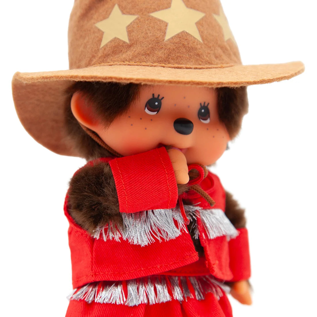 8" Monchhichi Cowgirl in Red Vest and Cowgirl Hat with Brown Eyes by Aliquantum International