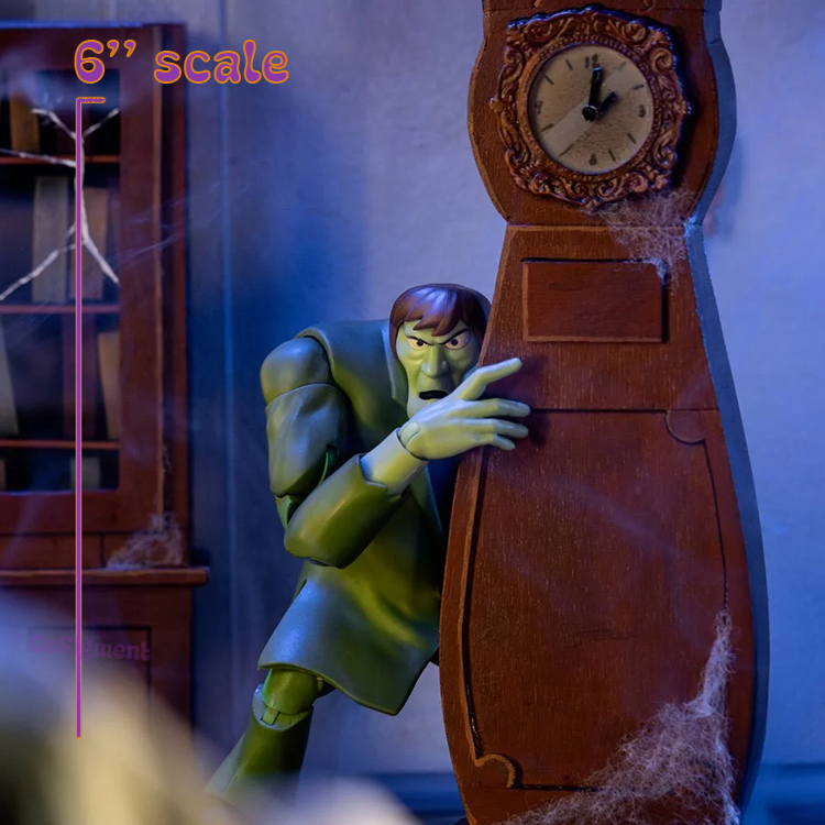 Scooby-Doo Creeper 6-inch scale action figure by Jada Toys posed behind a grandfather clock with cobwebs.