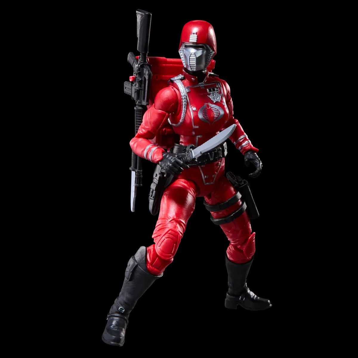 Crimson Guard Female "Retro Cardback" G.I. Joe Classified Series 6 inch COBRA Action Figure by Hasbro posed with weapon and knife