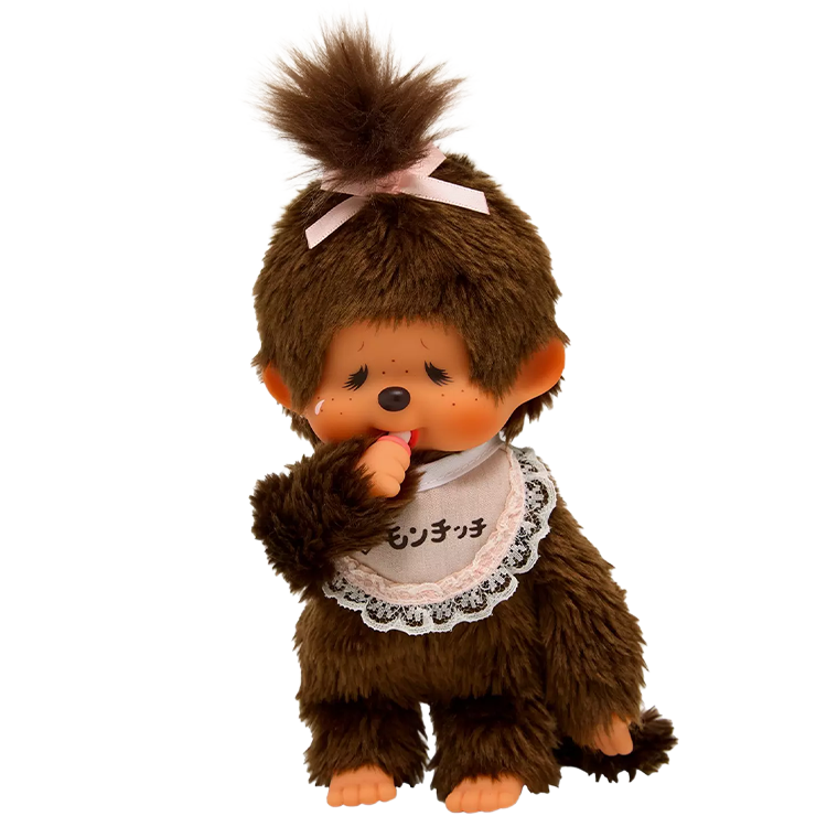 8" Monchhichi Brown Crying Girl - in Pink Lace Bib, Pink Ribbon Ponytail and Gold Tag by Sekiguchi