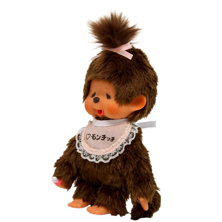 Sekiguchi 8" Monchhichi Brown Crying Girl - in Pink Lace Bib, Pink Ribbon Ponytail and Gold Tag