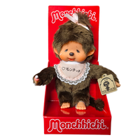 8" Monchhichi Brown Crying Girl - in Pink Lace Bib, Pink Ribbon Ponytail and Gold Tag, Sekiguchi