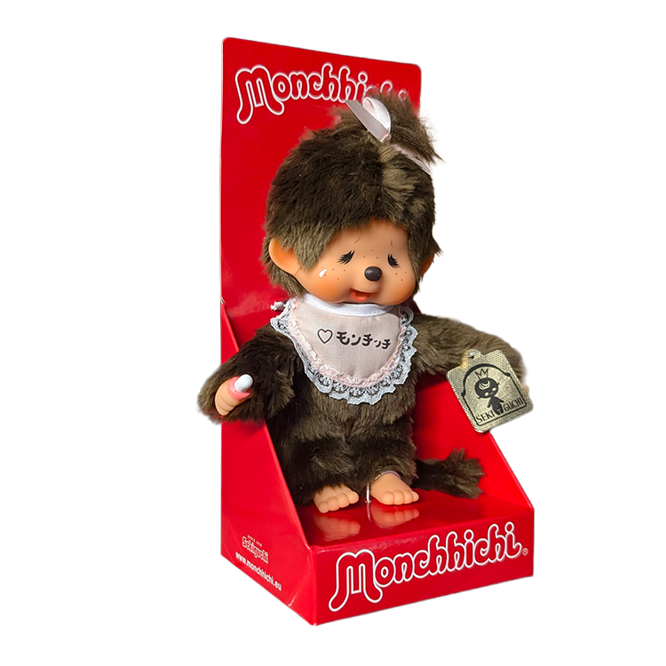 8" Monchhichi Brown Crying Girl - in Pink Lace Bib, Pink Ribbon Ponytail and Gold Tag by Sekiguchi