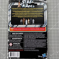 Back of Star Wars action figure packaging with character lineup, multilingual text, warnings, Disney and Hasbro logos