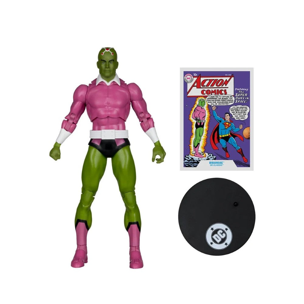 Brainiac Classic - DC Multiverse Wave 30 7" Action Figure McFarlane Toys by Go Figment with display base and comic book.