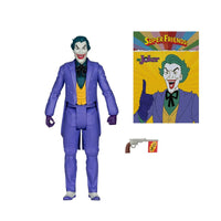 Joker action figure in a purple suit with character card and toy pistol accessory