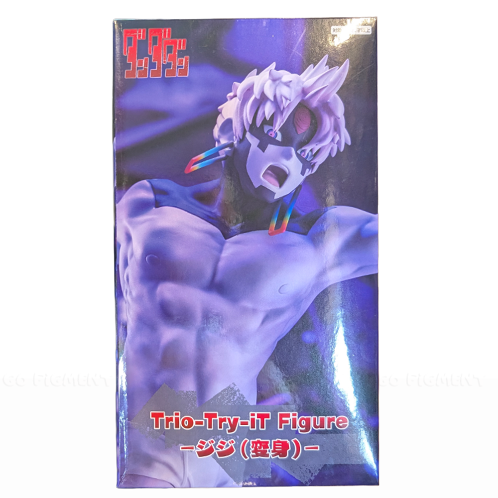 Banpresto Dan Da Dan Jiji Trio-Try-iT Transformed Version Prize Figure packaging showing muscular character with white hair and colorful earrings