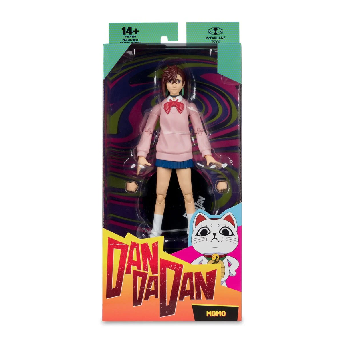 Momo Ayase Dandadan 1:10 Scale 7" Premium Dandadan Action Figure by Go Figment in pink sweater with bow and blue skirt in packaging