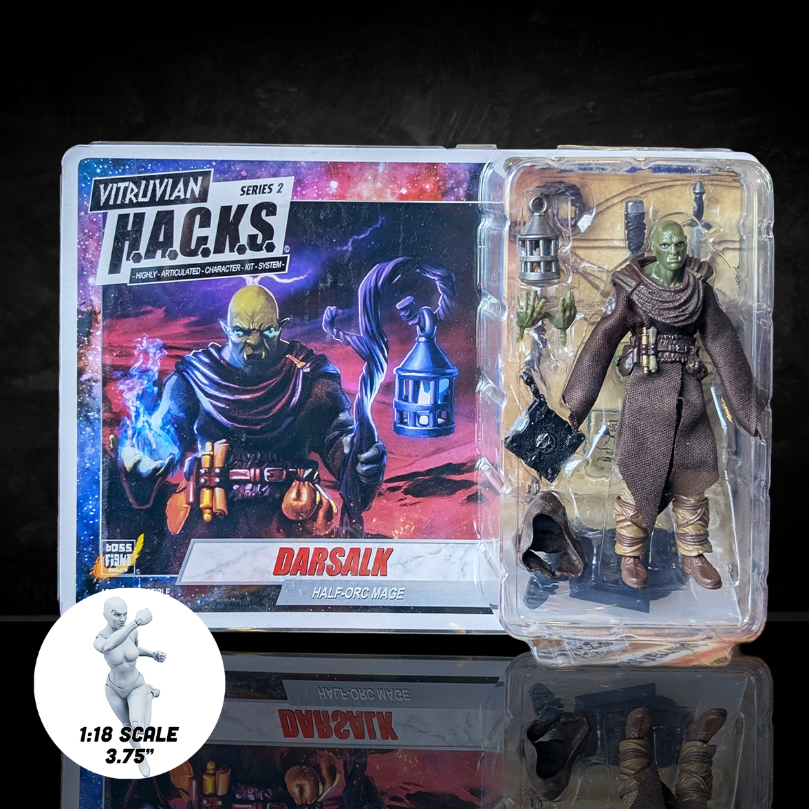 Darsalk (Orc Mage) -Vitruvian H.A.C.K.S. 1:18 Scale Action Figure by Boss Fight Studio Llc with lantern and mage accessories in packaging.