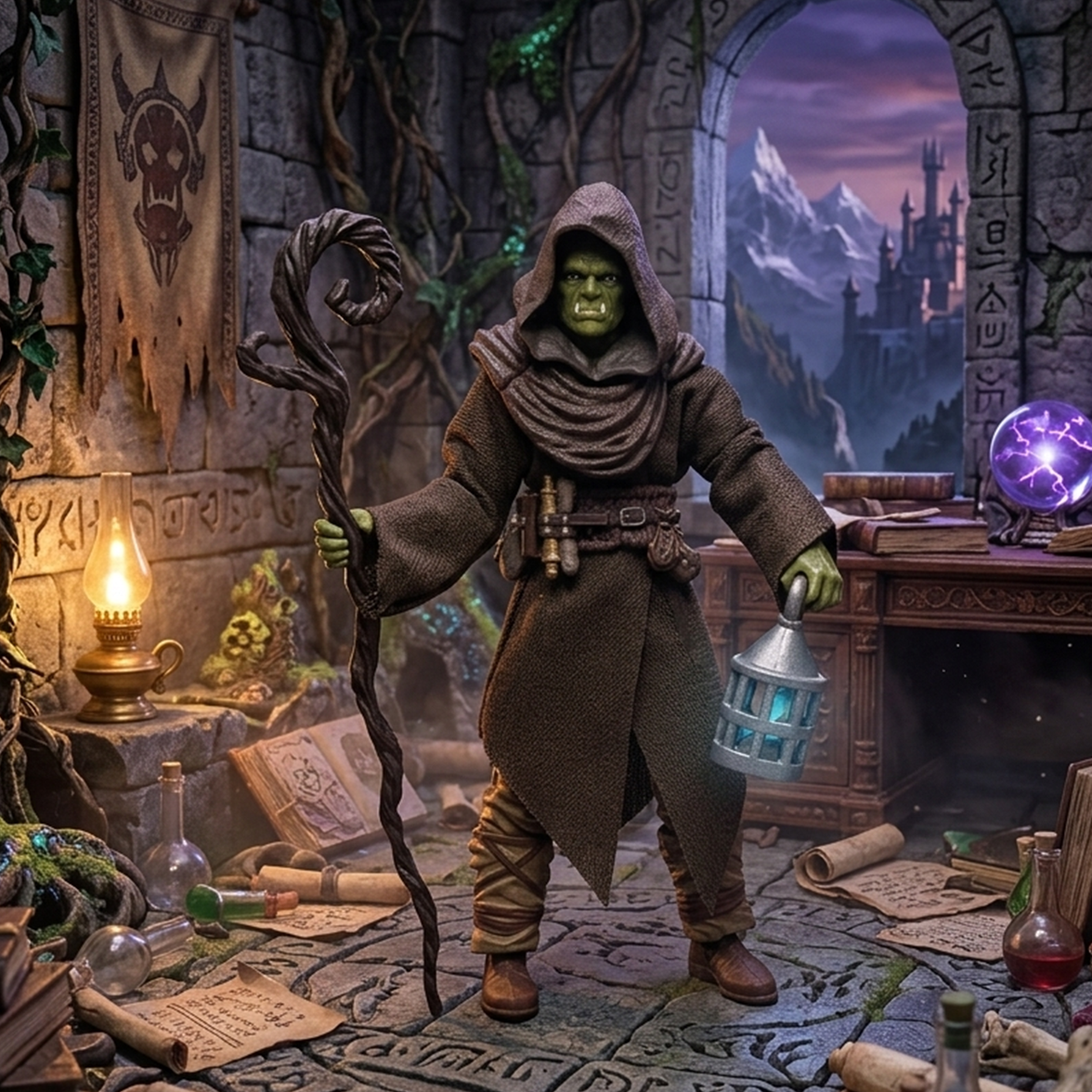Darsalk (Orc Mage) -Vitruvian H.A.C.K.S. 1:18 Scale Action Figure by Boss Fight Studio Llc in mage robes with staff and lantern new in box