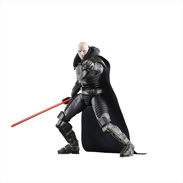 Hasbro Star Wars Black Series Starkiller action figure posed with red lightsaber and black cape on white background