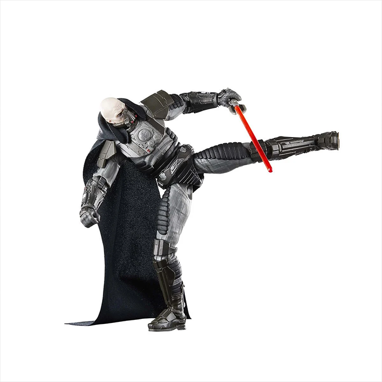 Hasbro Star Wars Black Series Darth Malgus 6-inch action figure in dynamic kicking pose with red lightsaber and black cape