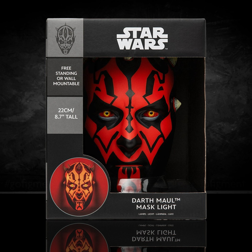 Darth Maul - Star Wars Mask Light Wall Mountable LED Sith Lamp by Paladone displayed in black box packaging.
