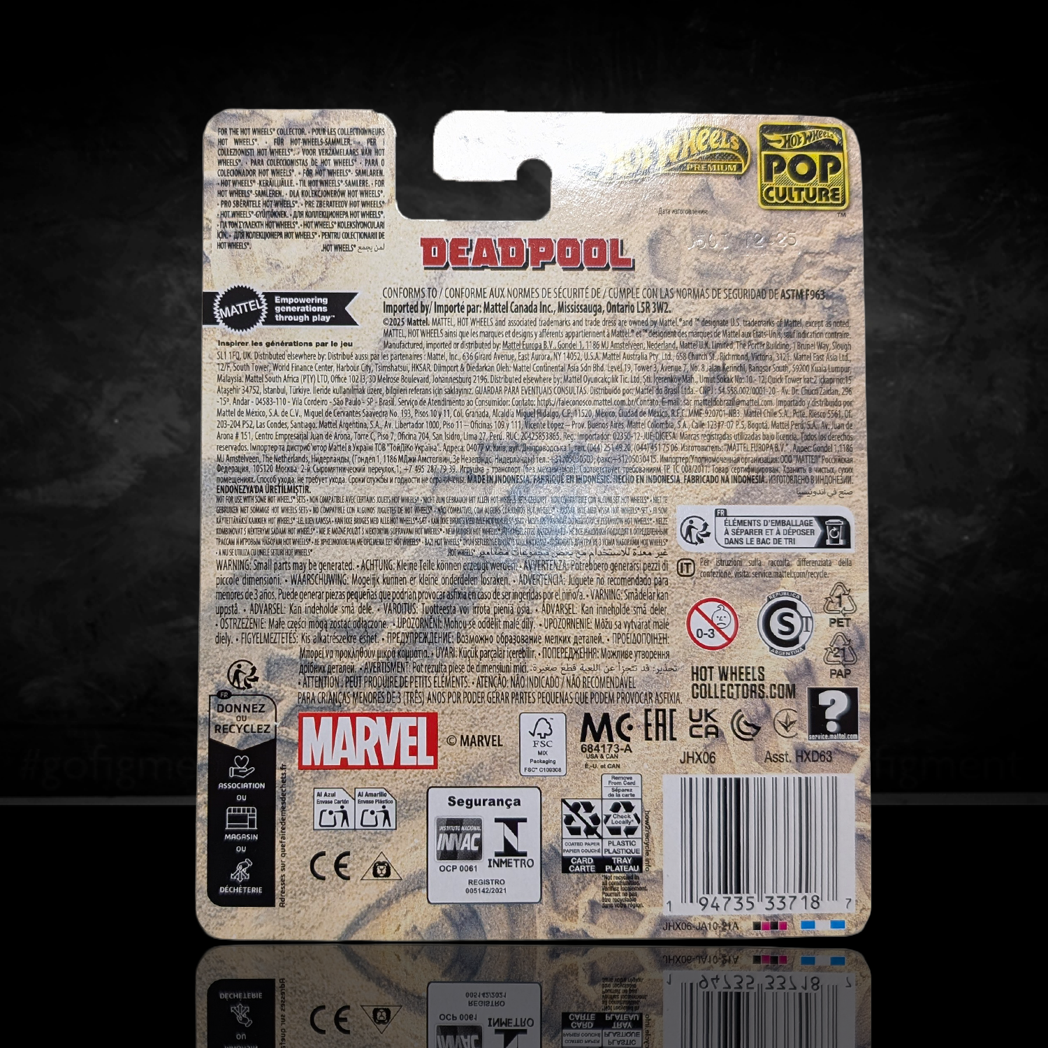 Deadpool Spider-Mobile Dead-Buggy Hot Wheels Premium Pop Culture Diecast Car packaging back by Mattel with Marvel branding and logos.