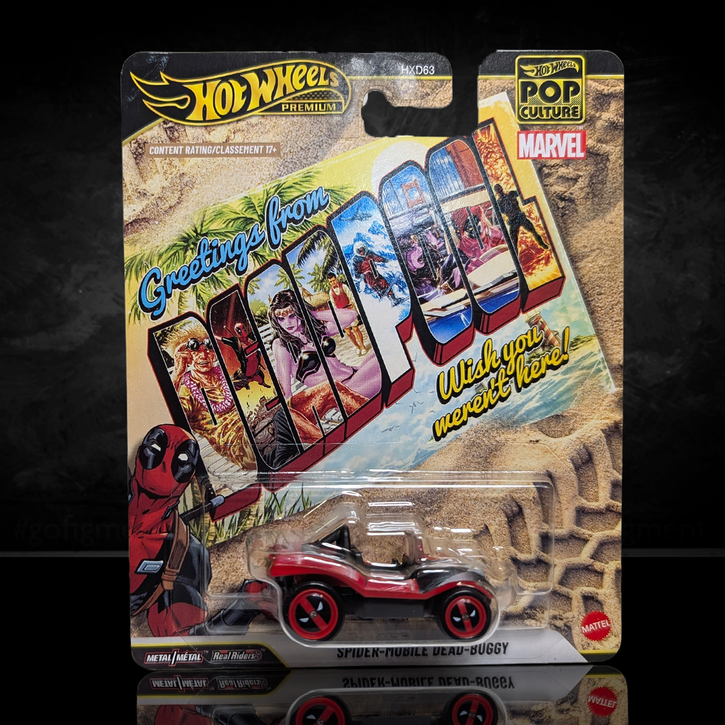 Deadpool Spider-Mobile Dead-Buggy Hot Wheels Premium Pop Culture Diecast Car by Mattel in packaging with Marvel and Hot Wheels branding.