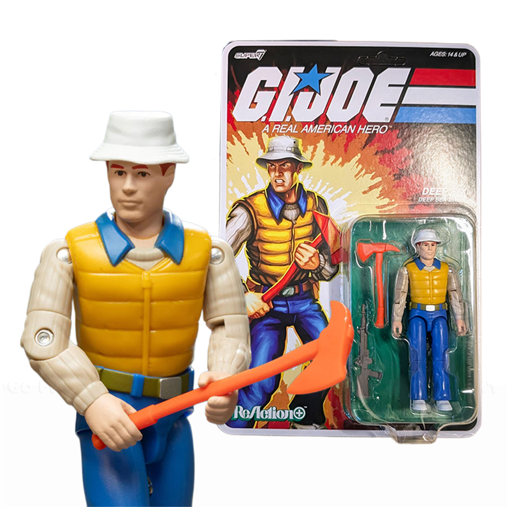 Deep Six GI Joe Comic ReAction Plus 3 3/4-Inch Action Figure by Super7 holding orange axe with packaging in background