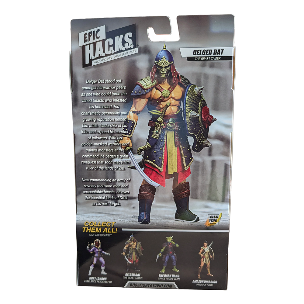 Back of collectible fantasy warrior figure packaging showing character artwork and a lineup of figures.