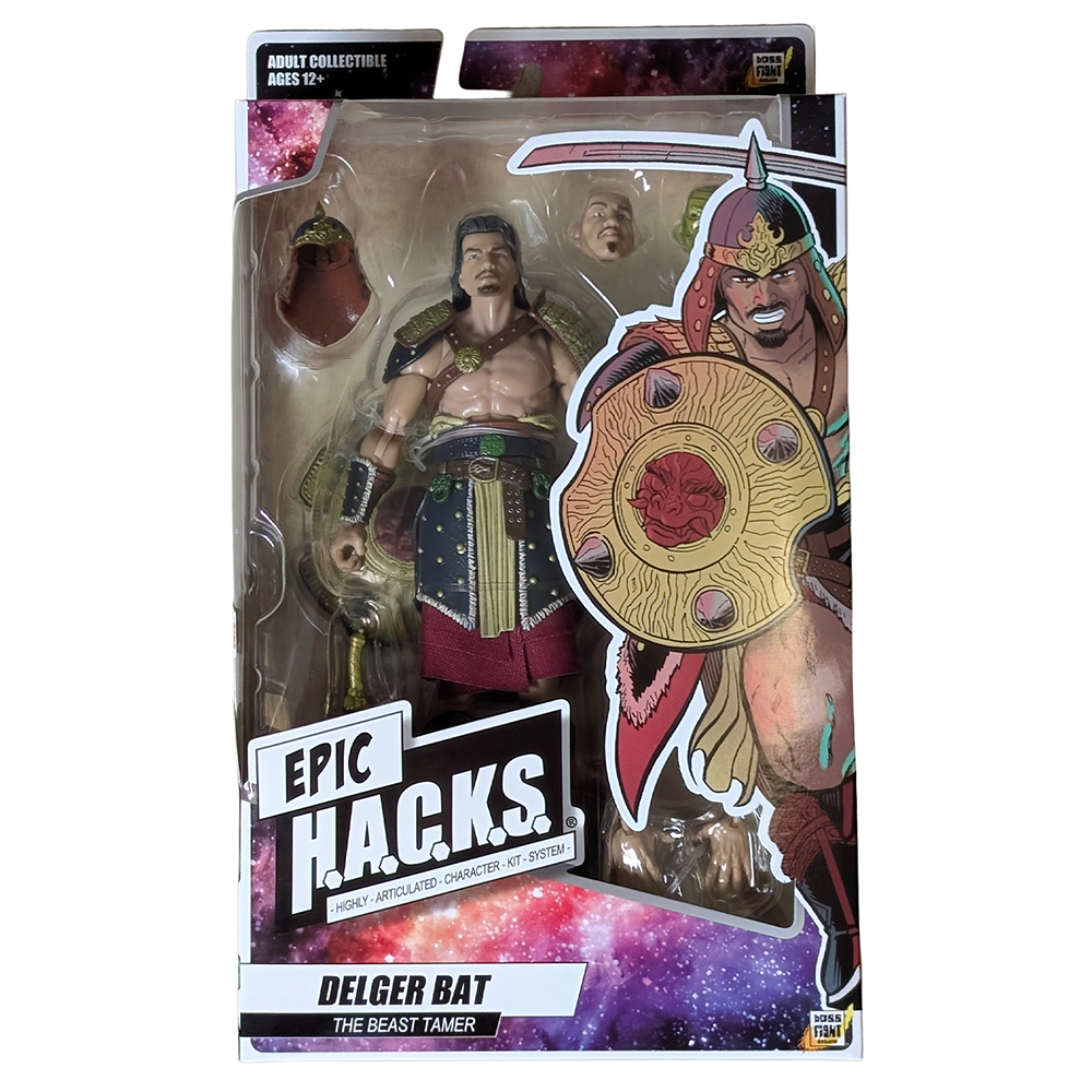 Boxed Epic H.A.C.K.S. Delger Bat action figure with accessories and illustrated fantasy packaging