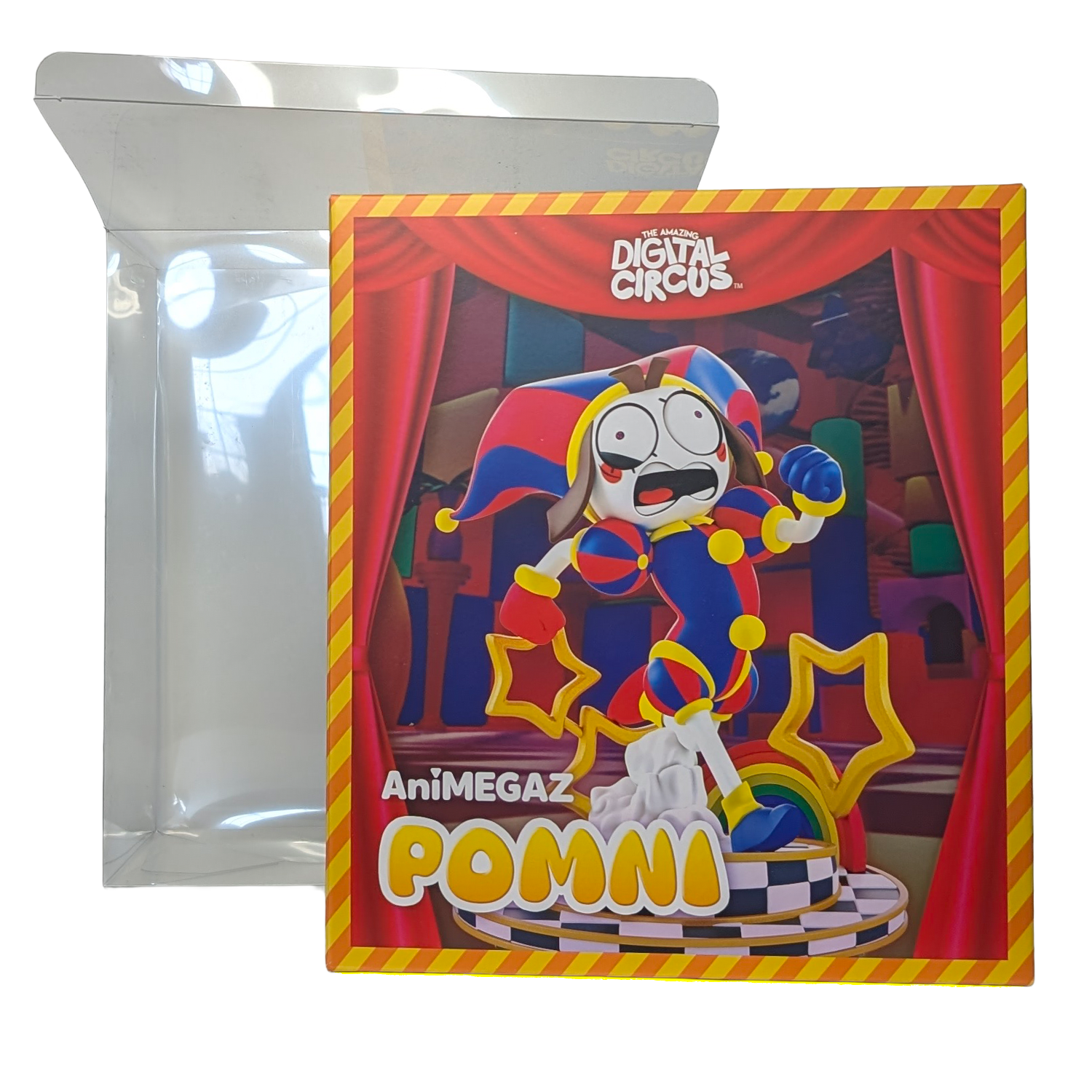 Pomni AniMEGAZ The Amazing Digital Circus 8 Inch Statue and Base/ Free Collector Case by Glitch in colorful jester design