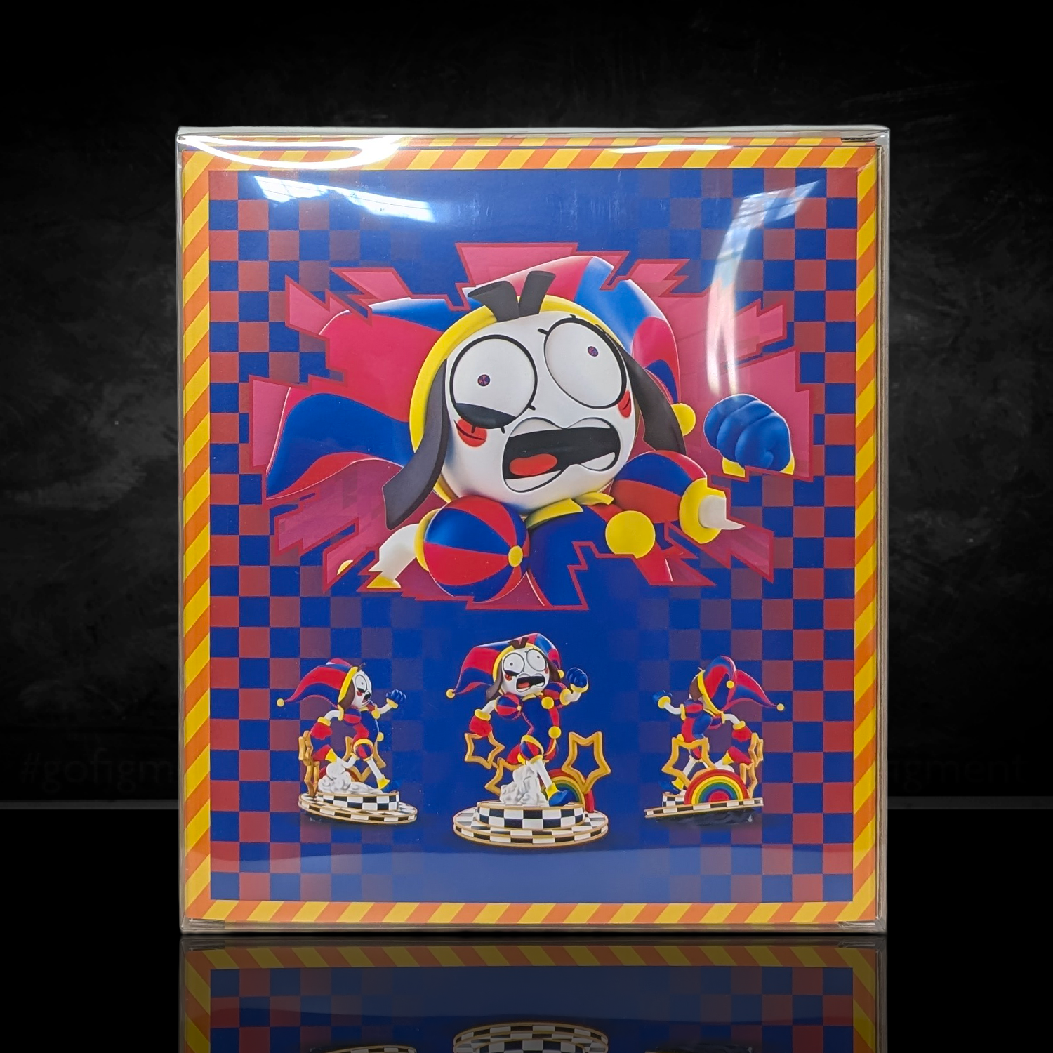 Pomni AniMEGAZ The Amazing Digital Circus 8 Inch Statue and Base/ Free Collector Case by Glitch with colorful jester art and figure images