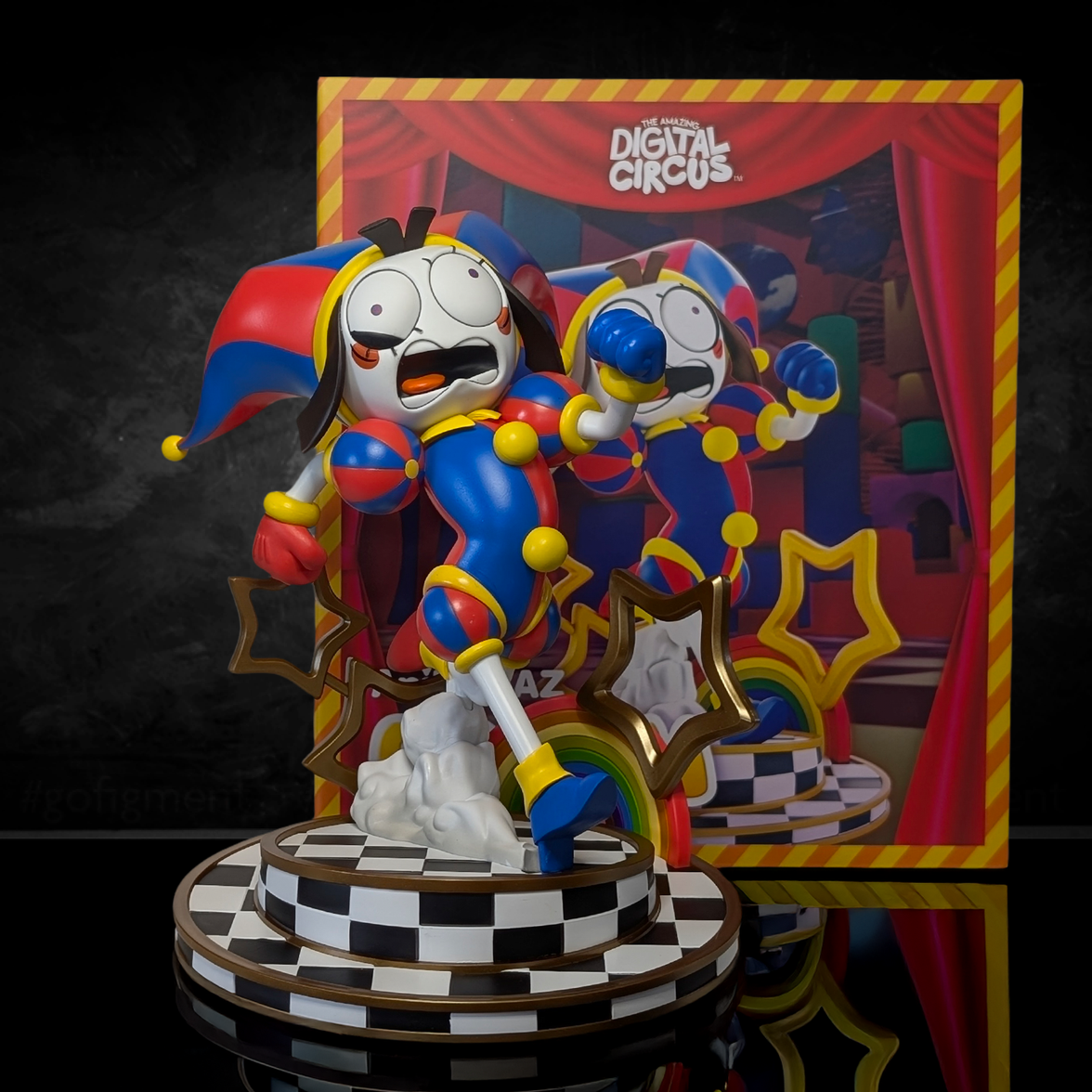 Pomni AniMEGAZ The Amazing Digital Circus 8 Inch Statue and Base/ Free Collector Case by Glitch with colorful jester figure