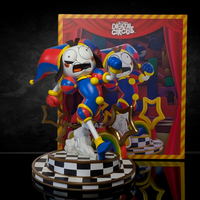 Pomni AniMEGAZ The Amazing Digital Circus 8 Inch Statue and Base/ Free Collector Case by Glitch with colorful jester figure
