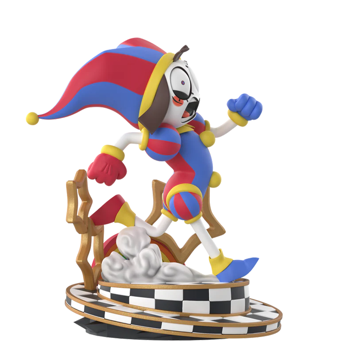 Colorful jester figure in mid-stride with red, blue, and yellow outfit on a checkered circular base statue