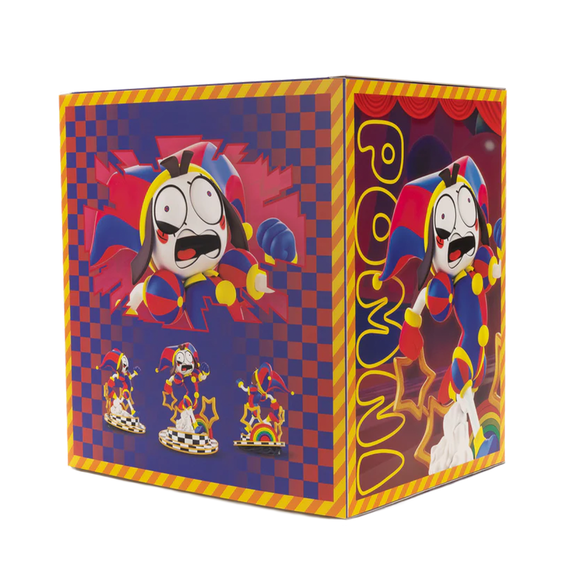 Colorful collectible figure packaging featuring a cartoon jester character breaking through a checkered background design.