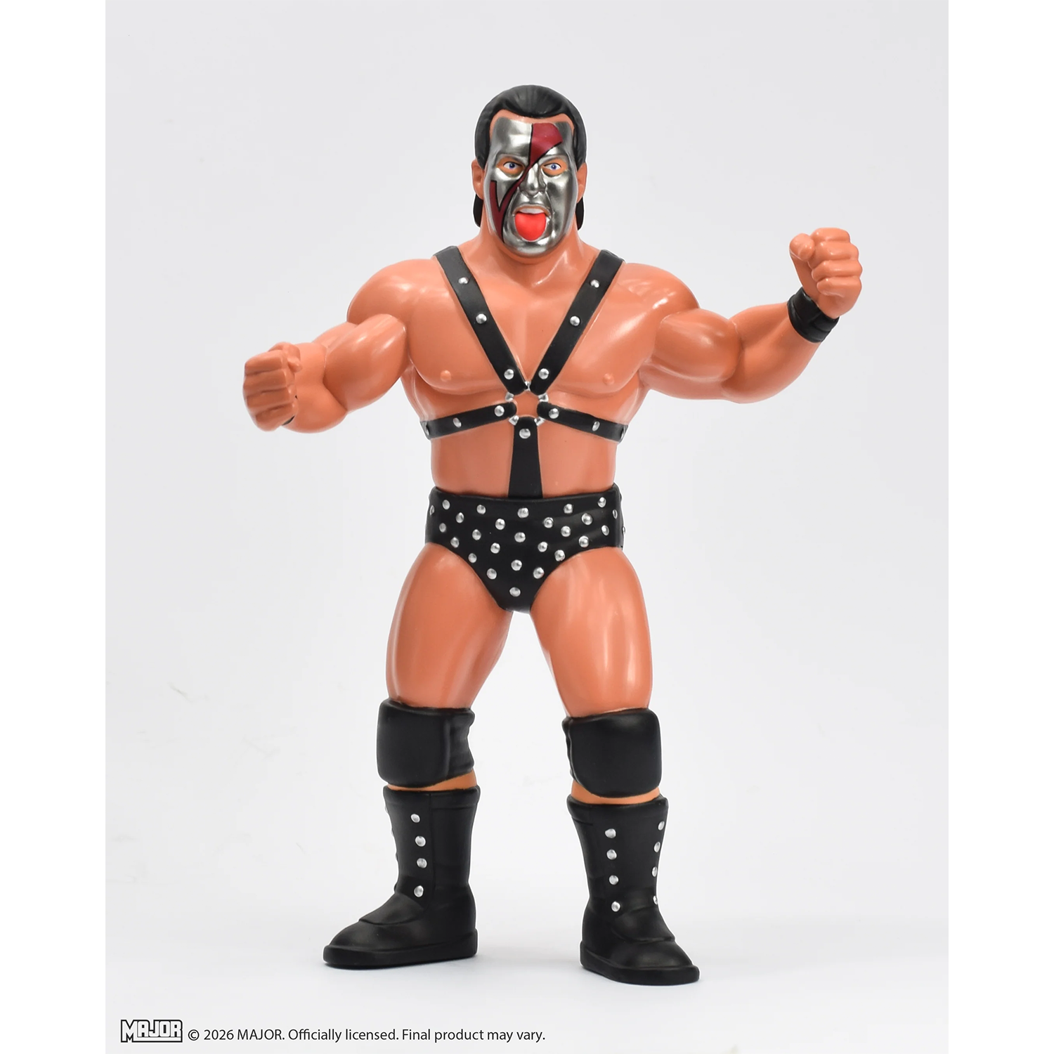Demolition Ax Big Rubber Guy Retro Wrestling Action Figure by Major in black studded harness and boots, muscular pose, new condition.