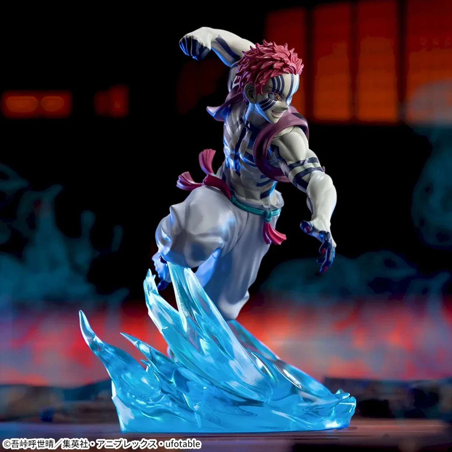 Sega XrossLink Anime Demon Slayer Akaza Kimetsu no Yaiba Statue Premium Figure - Authentic by Banpresto in dynamic pose with blue wave effect.