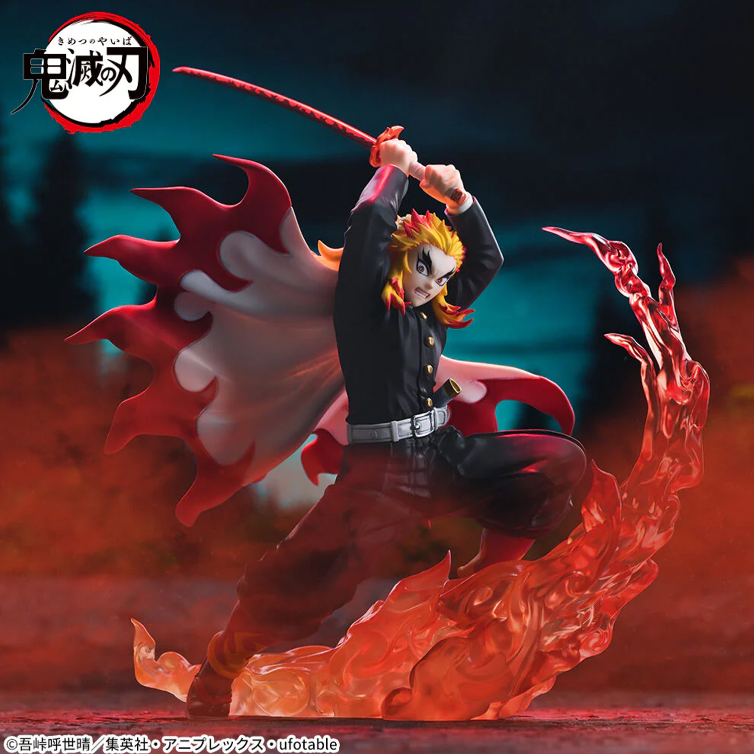 Sega XrossLink Anime Demon Slayer Kyojuro Rengoku Statue Premium Figure - Authentic by Banpresto showing fiery dynamic pose