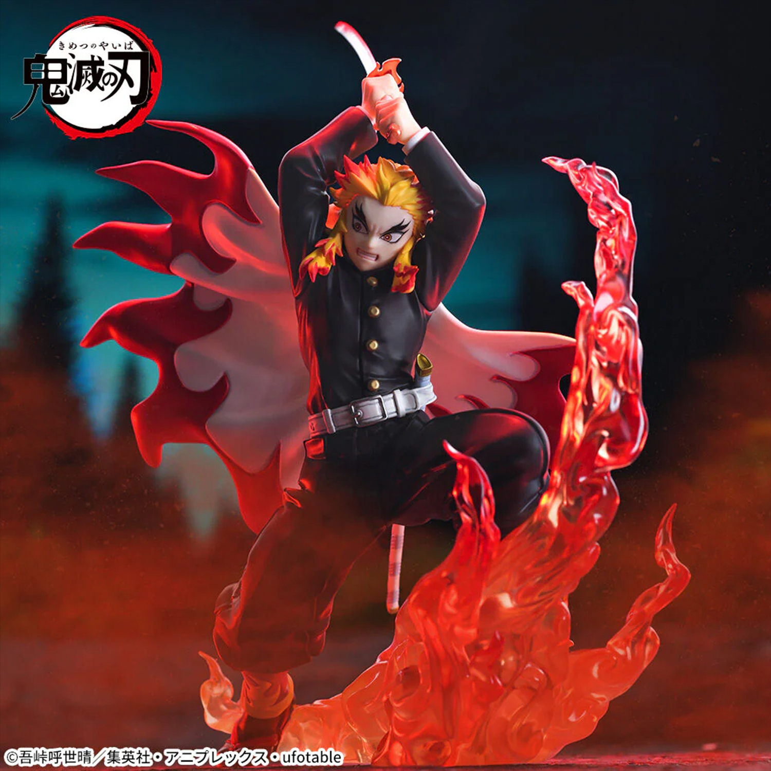 Sega XrossLink Anime Demon Slayer Kyojuro Rengoku Statue Premium Figure - Authentic by Banpresto with fiery flame effect and dynamic pose