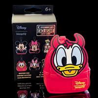 Red Loungefly mini backpack bag charm featuring devil Donald Duck in Disney Halloween collection packaging.