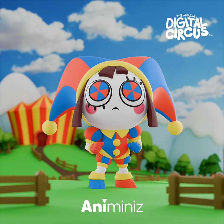 Colorful digital clown figure with large eyes and jester hat stands in bright outdoor circus scene background.