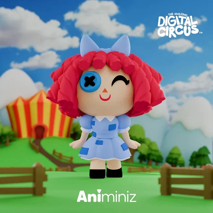 Ragatha figure from The Amazing Digital Circus by Glitch with red hair and blue dress against circus backdrop