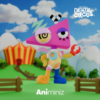 Colorful Zooble figure from The Amazing Digital Circus by Glitch with mismatched limbs and triangle head in vibrant setting