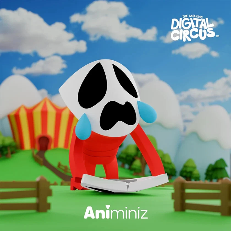 Gangle figure from The Amazing Digital Circus by Glitch with signature comedy mask and ribbon-like body design