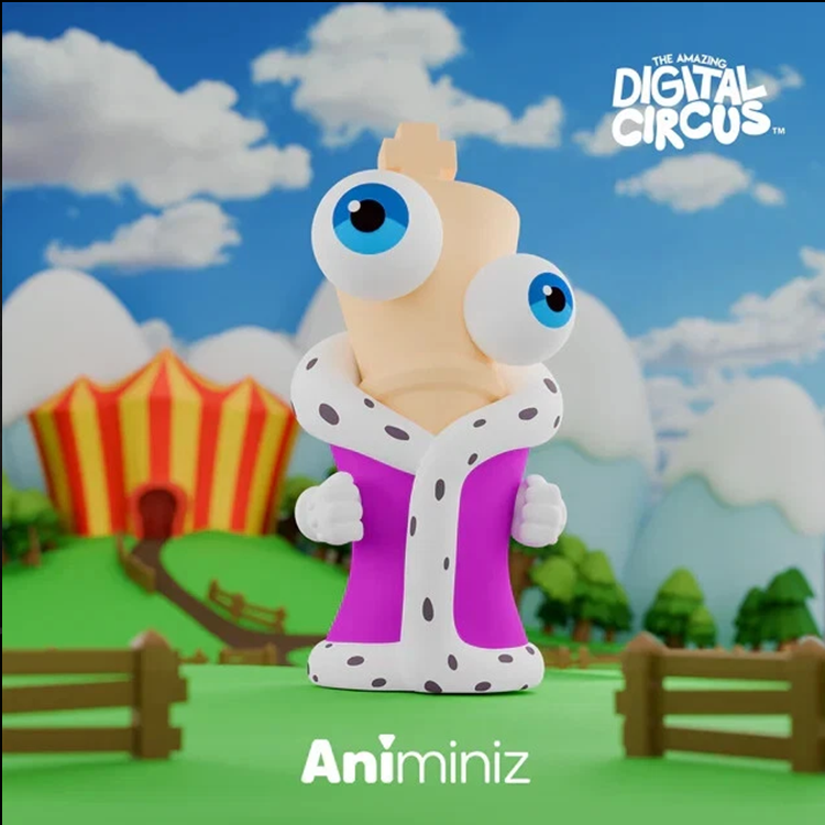 Character figure with large blue eyes wearing a purple and white royal robe, set against a colorful circus backdrop