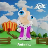Character figure with large blue eyes wearing a purple and white royal robe, set against a colorful circus backdrop