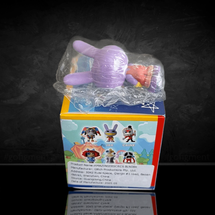 Glitch Amazing Digital Circus Animiniz purple rabbit figure in plastic bag on colorful character box display