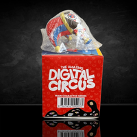 Pomni figure from The Amazing Digital Circus by Glitch in original packaging with vibrant jester outfit and detailed design.